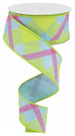 Plaid Canvas Wired Edge Ribbon, 10 Yards (Blue, Lime, Hot Pink, 2.5"), #9 Roll with Wired Edge