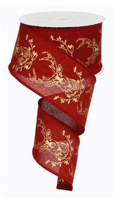 2.5" x 10 yd Christmas Ribbon Gold Deer Head on Red Wired Edge Ribbon
