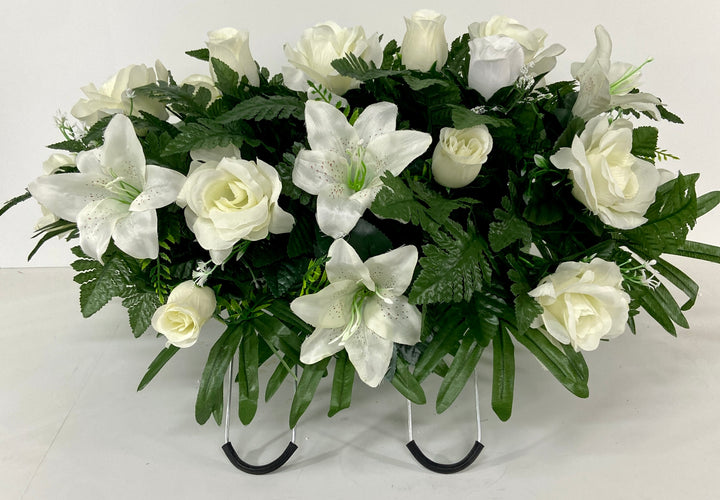 Cemetery Headstone Saddle Decoration with White Lilies and Roses, Green Fern, and Palm-Grave Decoration, Sympathy Flowers, Memorial