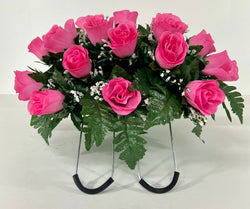 Small Dark Pink Rose Spring Cemetery Flowers for Headstone and Grave Decoration-Pink Rose with Baby's Breath Saddle