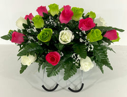 Small Cemetery Flowers for Headstone and Grave Decoration-Pink Green and White Rose Mix Saddle, Sympathy Flowers