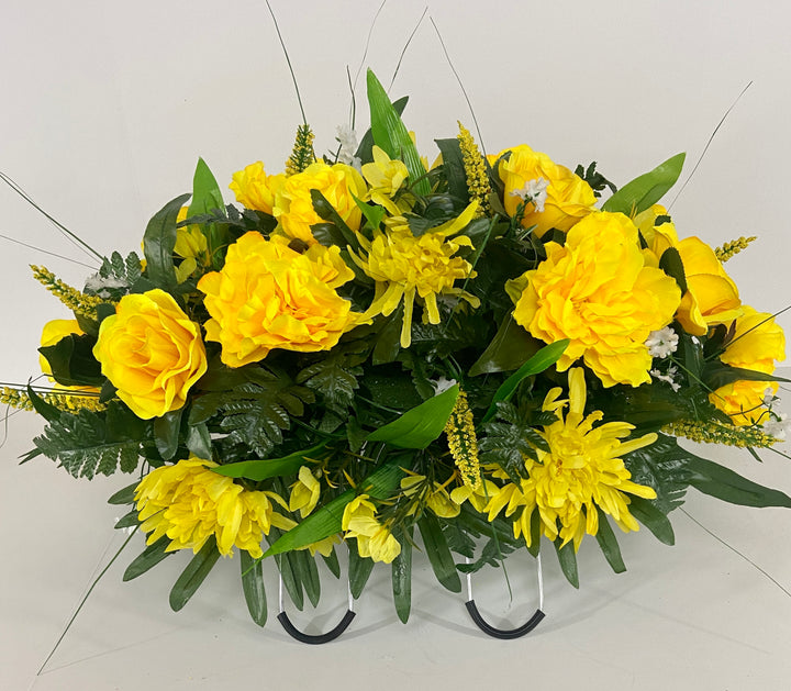 Cemetery Headstone Tombstone Marker Saddle for Spring and Summer-Yellow rose and Spider lily Grave Decoration Flowers
