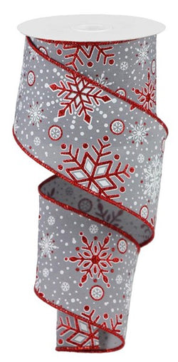 2.5"X10yd Red Snowflake On Grey Wired Edge Ribbon