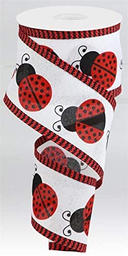Lady Bug Thin Stripe Canvas Wire Edged Ribbon - 2.5 Inches x 10 Yards (White, Red, Black)