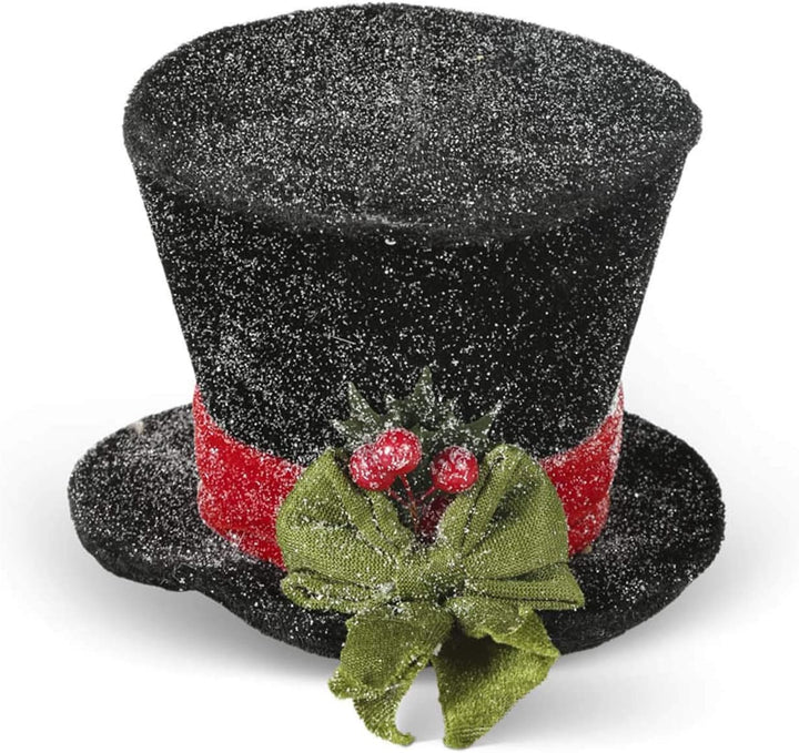 5.5 Inch Sm Black Snow Glittered Top Hat With Red Ribbon