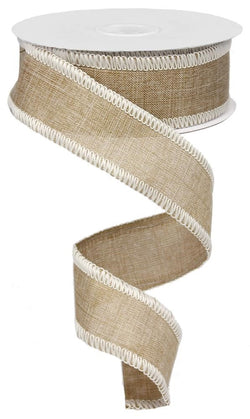 1.5" Wide Natural Woven Royal Canvas Style Wired Ribbon With Cream Stitched Wired Edge (10 Yards)