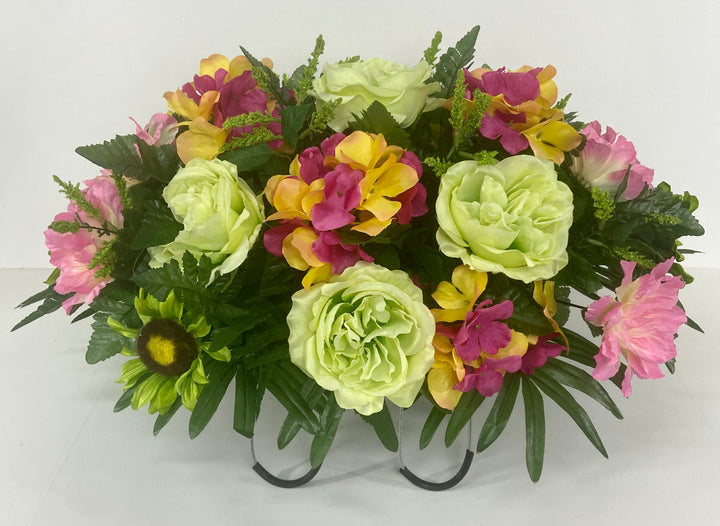Summer Cemetery Headstone and Grave Decoration-Green, Pink and Yellow Flower Saddle Arrangement, Sympathy