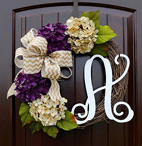 Hydrangea Monogram Letter Wreath with Two Bow Options and Antique White and Purple Hydrangeas on Grapevine Base-Farmhouse Style Door Decor