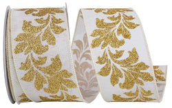 2.5"x10yd Filigree Fashion Glitter Linen Wired Edge, Ivory/gold