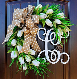 White Tulip Front Door Wreath with Script Monogram for Door Decor-Spring, Summer