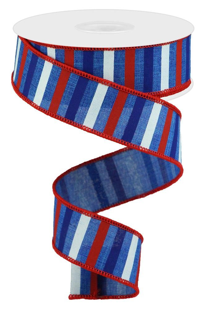 Horizontal Stripe Wired Edge Ribbon - 10 Yards (Royal Blue, Red, Blue, White, 1.5