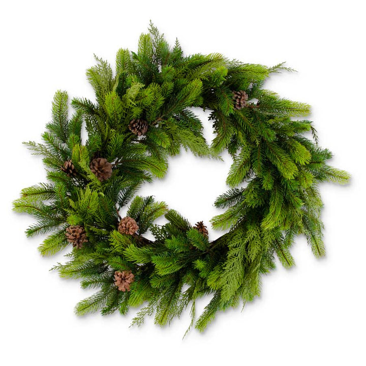 31 Inch Real Touch Fir and Cypress Wreath with Pinecones on Vine Base, Green