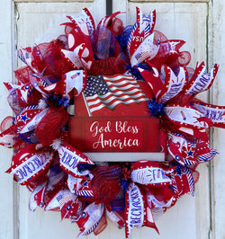 24" Diameter Patriotic Mesh and Ribbon Front Door Wreath for Spring and Summer, God Bless America Sign Insert