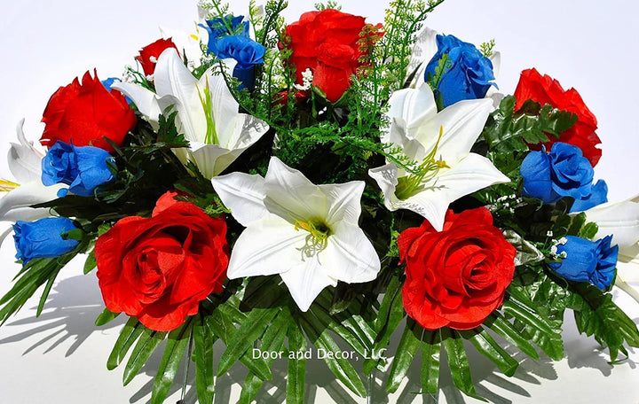 Patriotic Grave Decoration Saddle with White Lilies and Red and Blue Roses