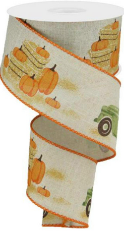 2.5" Green Vintage Farm Truck with Pumpkins Fall Autumn Wired Ribbon