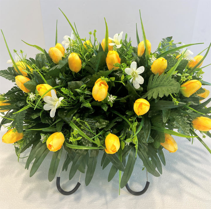 Cemetery Headstone Saddle Arrangement with Yellow Mini Tulips and White Daisies-Grave Decoration