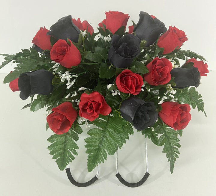 Small Cemetery Headstone Saddle Flowers in Red and Black Roses for Summer, Memorial Day, Labor Day, Grave Decoration