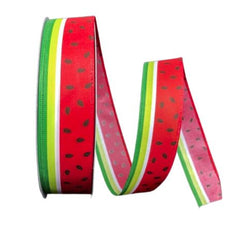 1.5"x50yd Watermelon Slice Stiped Wired Edge Ribbon-Red, black, white, green