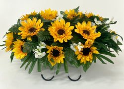 Cemetery Headstone Saddle Arrangement with Orange Sunflowers and White Daisies-Grave Decoration, Headstone Flowers for Spring Summer