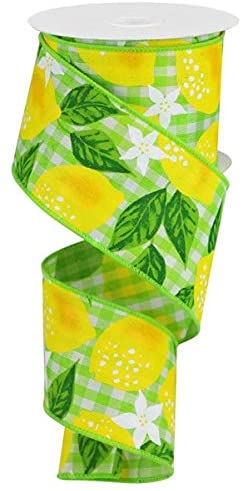 Lemons on Woven Check Wired Edge Ribbon, 10 Yards (Green, 2.5 Inch)