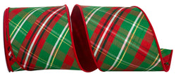 4"x10yd Plaid Dupioni Verde Diagonal Red Backed Wired Edge Christmas Ribbon