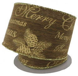 2.5" X 10yd Merry Christmas Wired Ribbon - Brown ,Gold
