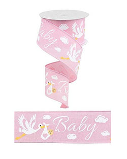 Pink Baby Wired Ribbon with Stork for Crafting 2.5" X 10 Yards