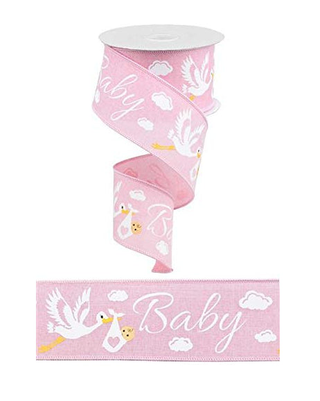 Pink Baby Wired Ribbon with Stork for Crafting 2.5