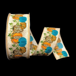 2.5" X 50yd Wired Satin Linen Cheetah Pumpkins Ribbon - Natural, Orange, Teal
