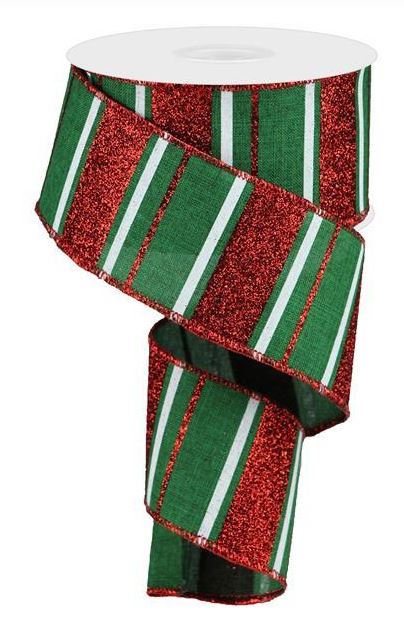 Red Emerald Green White Glitter Stripe Wired Ribbon Christmas 10 Yard x 2.5 Inches