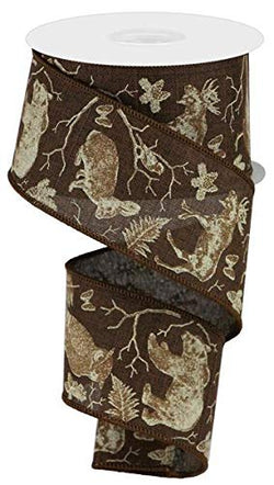 2.5" x 10yd Woodland Creatures on Brown Wired Edge Ribbon-Moose, Pheasant, Owl, Bear, Rabbit