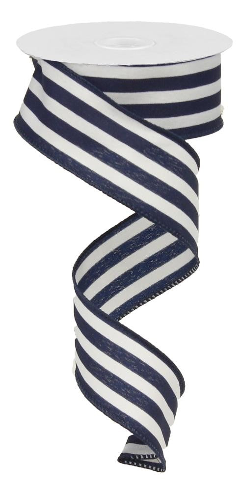 Vertical Stripe Wired Edge Ribbon - 10 Yards (Navy Blue, 1.5 Inches)