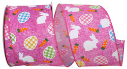 2.5"x10yd Pink Wired Edge Ribbon with Bunnies, Carrots, and Gingham Eggs-Easter, Spring