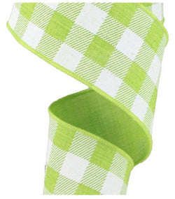 2.5" X 50yd Wired Woven Buffalo Plaid- wired edge (Lime Green/White)