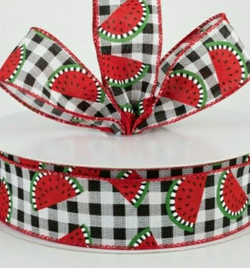 50 YDS X 1.5" Wide Juicy Watermelon Slices on Black & White Check Wired Ribbon