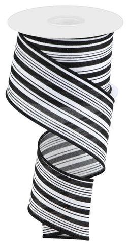 Vertical Stripes on Canvas Wired Edge Ribbon - 10 Yards (White, Black, 2.5 Inch)