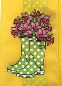 2.5" X 10yd Yellow Satin Ribbon w/ Lime Rainboots and Pink Daffodils