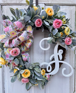 22" Garden Pastels Front Door Wreath- Lambs Ear with Pink and Yellow Peonies and Monogram Option