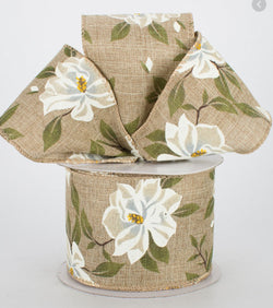 2.5" x 10 yd Magnolia Print on Natural Wired Edge Ribbon