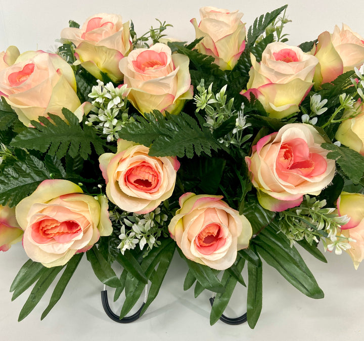 Cream Rose with Pink and Peach Highlights and White Accents Headstone Saddle Cemetery Flower Arrangement-Tombstone Sympathy Decoration