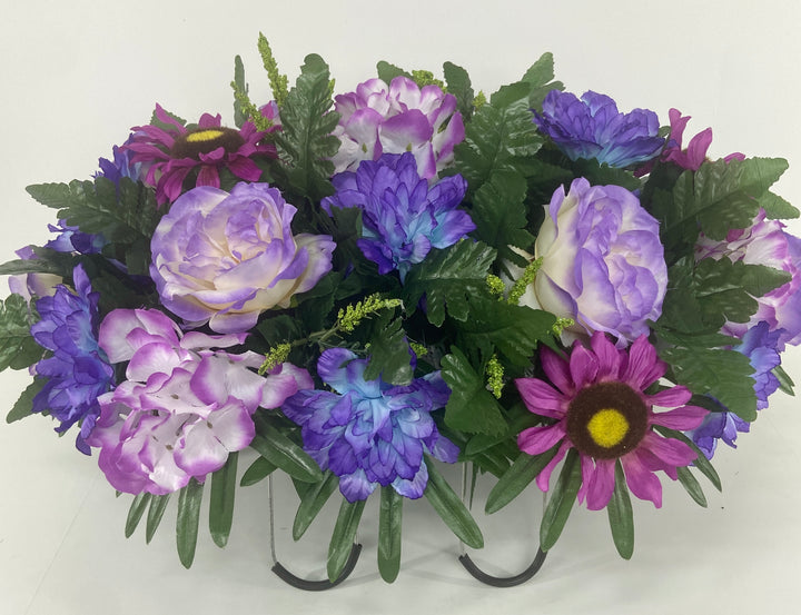 Summer Cemetery Headstone and Grave Decoration-Lavender Roses, Purple Sunflowers, Lavender and Blue Hydrangea Saddle Arrangement