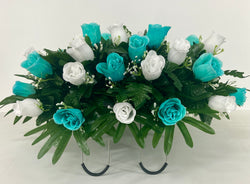 Cemetery Flowers for Headstone and Grave Decoration-Teal and White Roses, Tombstone Saddle Arrangement, Memorial Decor