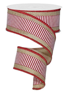2.5" x 10yd Red and White Horizontal Stripe on Natural Jute Wired Ribbon