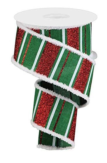 Wired Ribbon Glittered Stripes on Royal in White, Red and Emerald Green with Snowdrift Fringe 2.5 Inches x 10 Yards