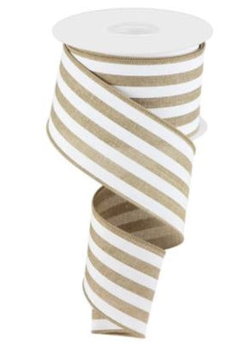 2.5" X 10yd Vertical Stripe Ribbon Wired Edge-Beige and White