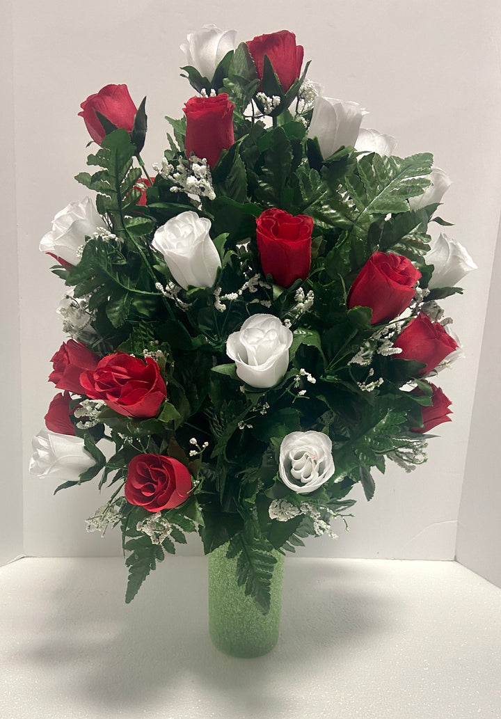 Red and White Roses with Baby's Breath Cemetery Vase Filler Flower Arrangement, Grave Decoration, Father's Day, Sympathy, Memorial