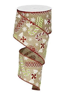 2.5" x 10 yd Candy Christmas Wired Edge Ribbon (Light Beige)