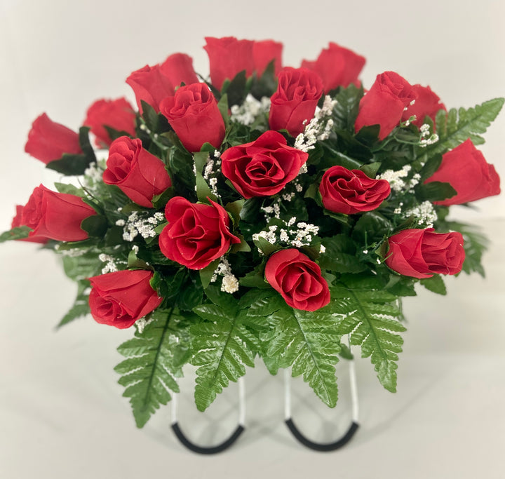 Small Red Rose Spring Cemetery Flowers for Headstone and Grave Decoration-Red Roses with Baby's Breath Saddle