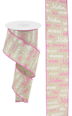 2.5"x10yd Mom, Momma Pattern on Royal, Pink and White on Natural, Wired Ribbon