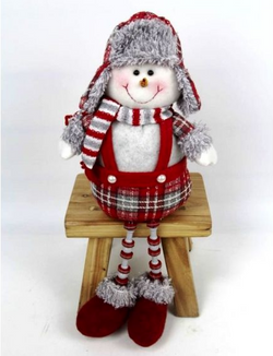16" Sitting Snowman With Bead Legs - Grey / Red / White